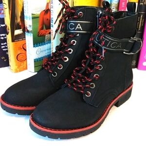 NAUTICA BLACK & RED LACE UP ANKLE BOOTS COMBAT MOTO BOOTS SIZE 5.5 NWOT